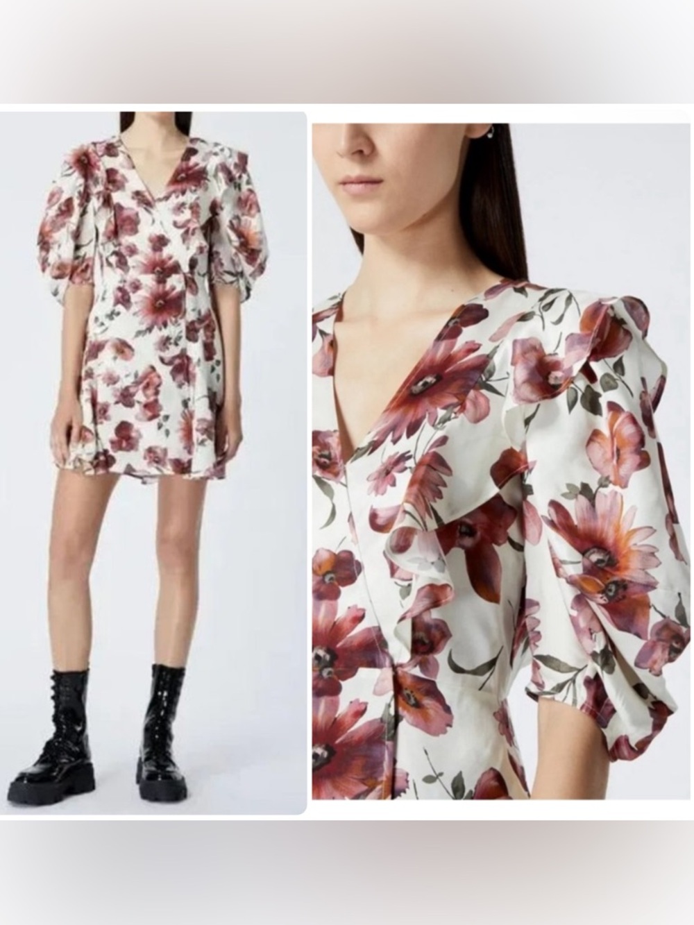 The Kooples Silk/Viscose Floral Puff-Sleeve with Slip Inside Mini Dress NWT $498